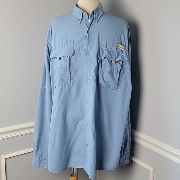 COLUMBIA Performance Fishing Gear Blue Long Sleeve Activewear Button Down Shirt - Picture 1 of 9